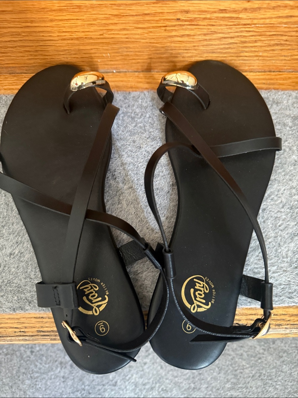 Black Toe-Ring Strappy Sandals with Gold